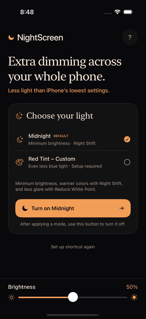 Night Screen home screen with Midnight and Red Tint modes and a brightness slider