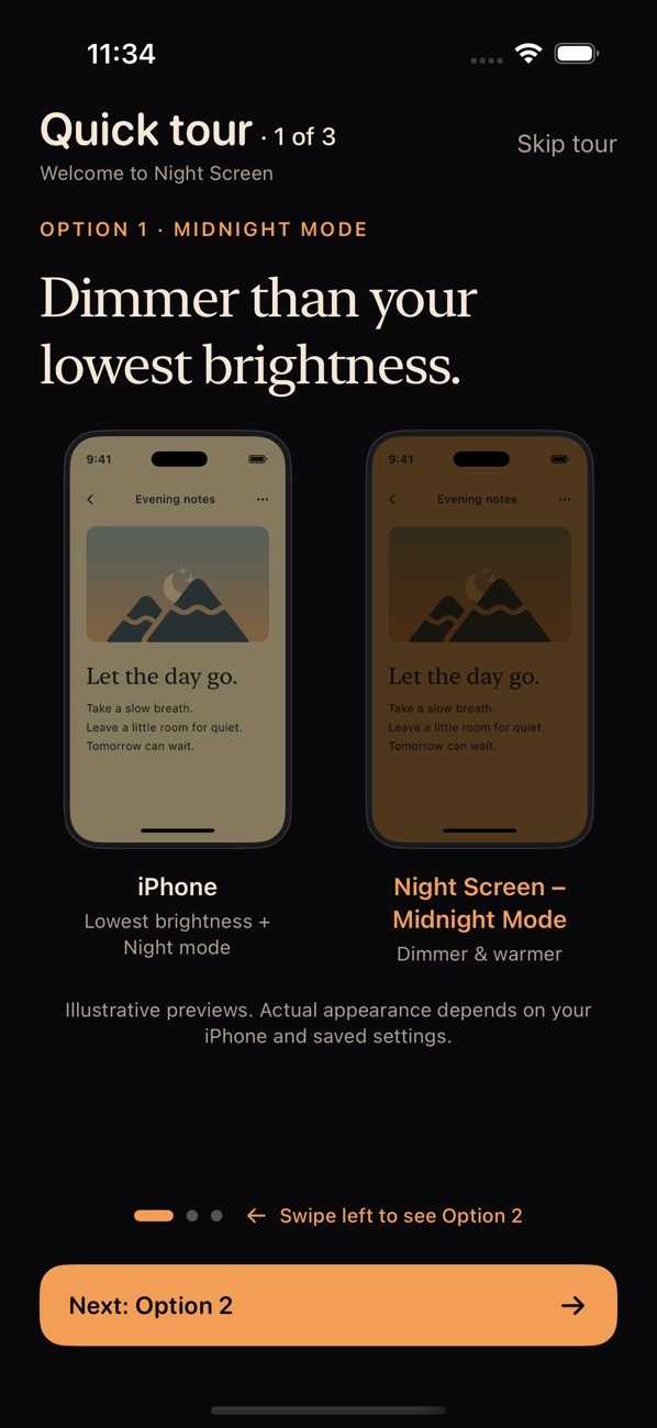 Comparison of iPhone at lowest brightness with Night Shift and the dimmer, warmer Midnight mode